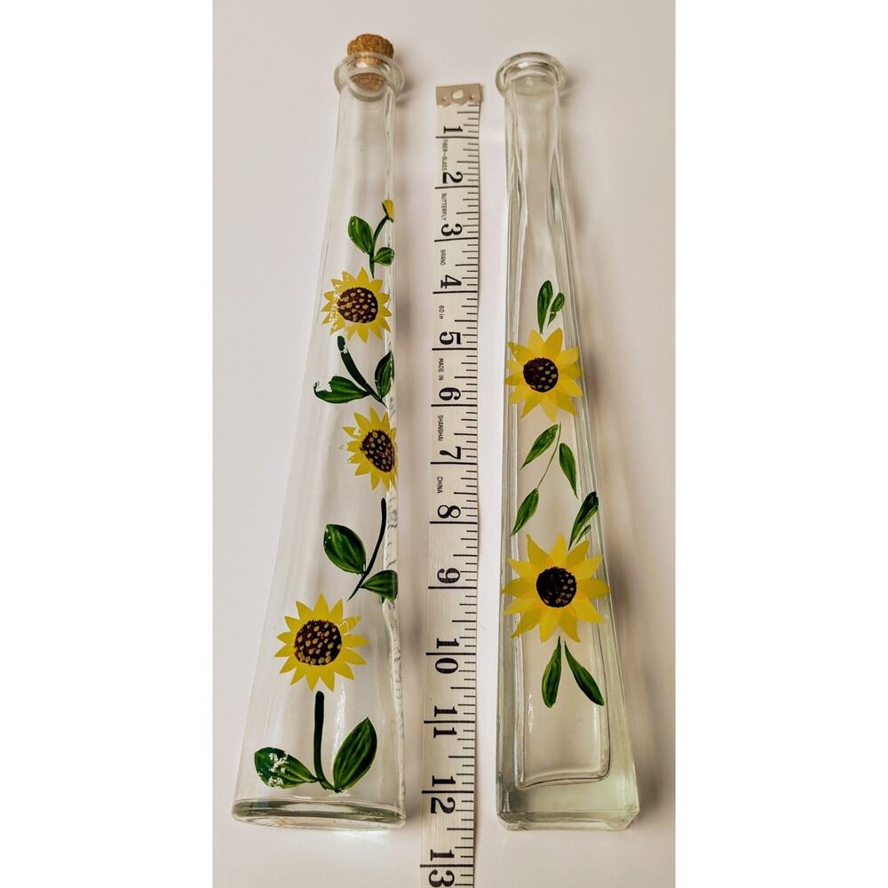 Vtg Clear Glass Vases Hand Painted Sunflowers 12.5" Floral Pencil Boho Cottage - Picture 2 of 3